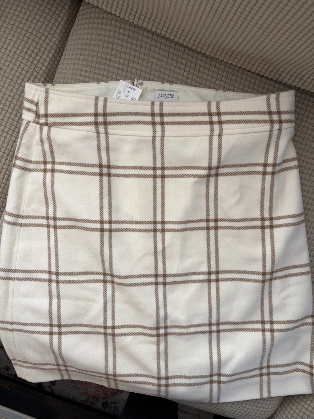 J. Crew Cream Mini Skirt with Brown Plaid